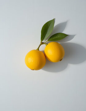 two fresh lemons with leaves in a white background