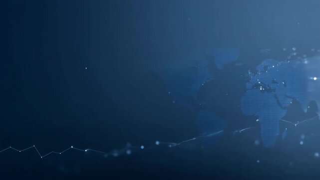 Futuristic blue background with dotted world map, glowing data nodes and network routes, plus a minimal line graph at the bottom, subtle haze, drifting particles and copy space left, for titles