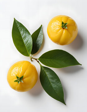 two lemons with leaves on a white table