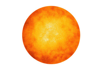 Close up texture of the sun's surface in deep orange isolated on white background. Sun surface detail glowing with energy and light isolated on white background.
