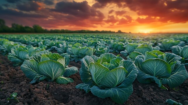 Lush green cabbage field at sunset with vibrant orange sky