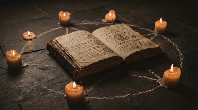 Ancient spellbook opened inside ritual magic circle with burning candles, dark mystical atmosphere of occult knowledge, witchcraft and esoteric practice, dramatic low light composition