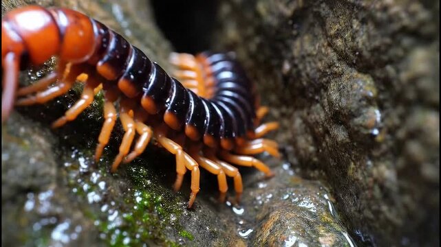 Bright centipede crawls on wet stone