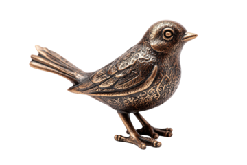 Ornate bronze bird figurine isolated on transparent background. Bronze bird figurine with intricate ornamental isolated on white background.