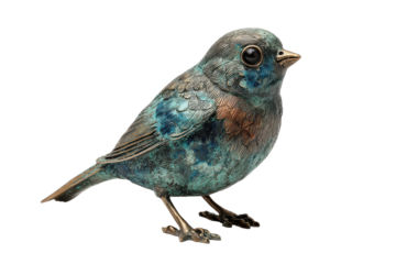 Intricate patterned bird sculpture isolated on transparent background. Antique bronze bird sculpture with verdigris patina isolated on white background.