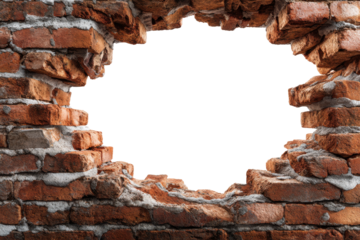 Broken brick wall with a large hole isolated on transparent background. Cracked brick wall with large hole opening to dark void isolated on white background.