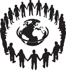 People holding hands around planet earth icon vector silhouette illustration for unity