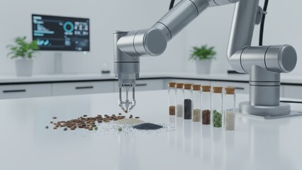 Automated Laboratory Analysis: Robotic Arm Inspecting Samples in Vials with Data Displayed on Screen