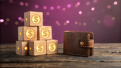 Obraz premium Stack of wooden blocks with dollar signs and a leather wallet on a wooden surface isolated on