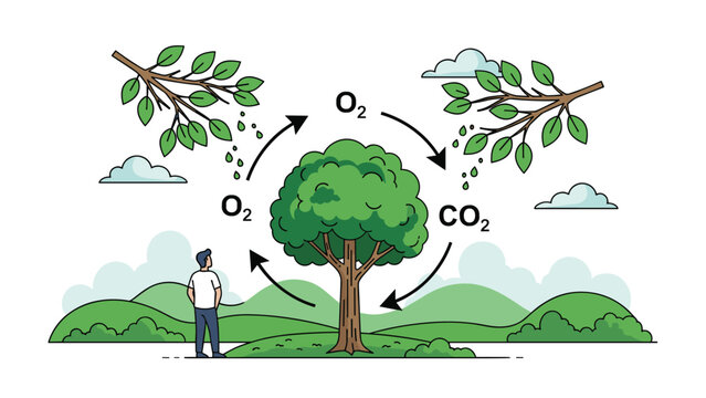 An educational illustration showing the carbon dioxide and oxygen cycle with a tree, demonstrating the process of photosynthesis.