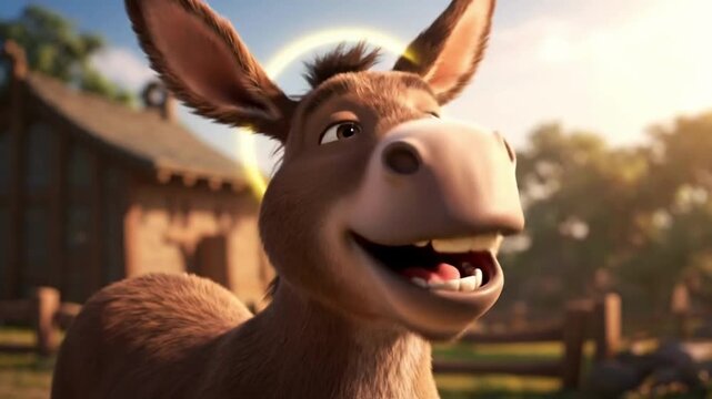 This expressive 3d animated donkey laughs widely in a bright, golden close-up on a sunny farm.