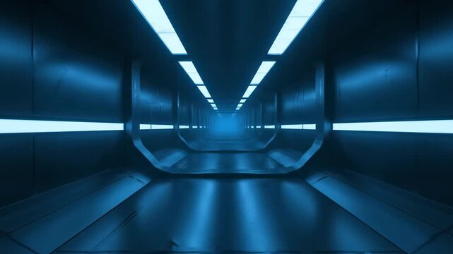 A futuristic, neon-lit corridor with a long perspective view