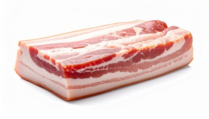 Close-up of stacked uncooked bacon strips with visible meat and fat layers