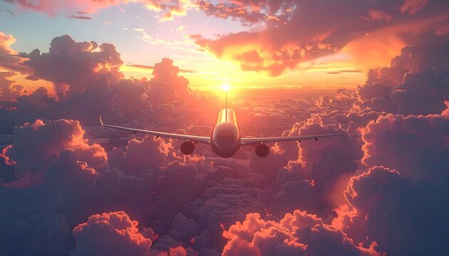 A plane flies through vibrant sunset clouds
