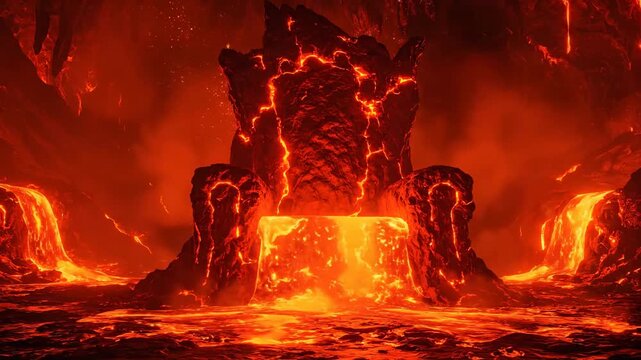 A fiery, molten throne in a volcanic cave, surrounded by lava flows