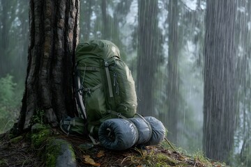 Adventure Backpack Leaning on Tree in Rainy Forest with Falling Rain Outdoor Travel Gear
