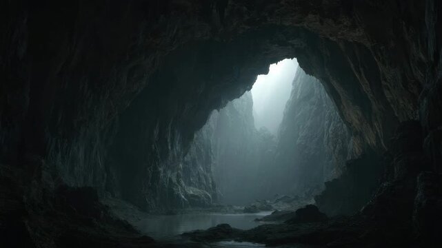 Misty cave interior with natural light entering from opening, rocky chamber and dimly lit sea cave with rocky arch and misty light shaft creating moody atmosphere, dimly lit cavern entrance with