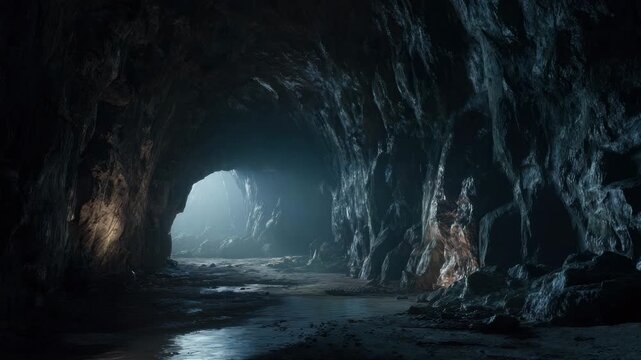 Dimly lit sea cave entrance with wet stone reflective tide pool and rocky tunnel opening to daylight, atmospheric coastal cavern and coastal cave with textured walls, natural arch and soft coastal