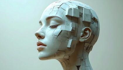 Abstract human head sculpture made of fragmented blocks representing artificial intelligence