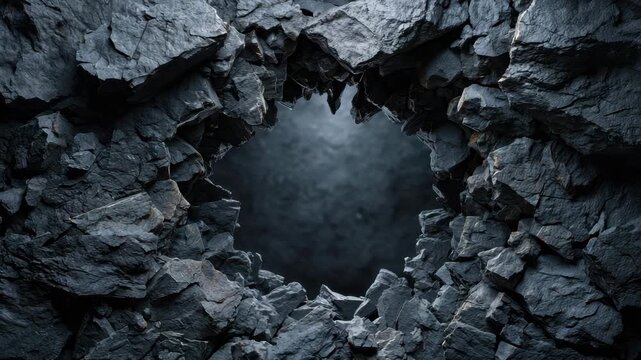 Rock cave opening with jagged stone edges framing dark void dramatic low light textured rough rock surface creating moody atmosphere cracked rock hole dark stone cavity rocky crater jagged rock