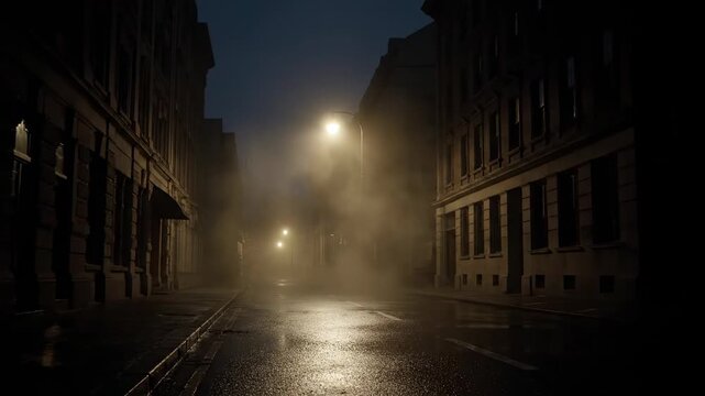 A city street in the dark of night, illuminated by streetlights in the fog