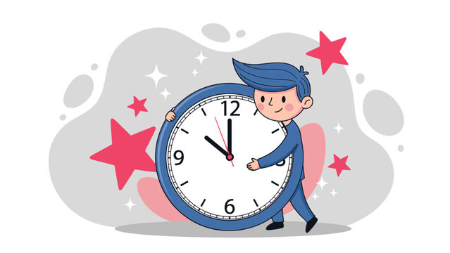 A cute cartoon boy character holds a large clock, symbolizing the importance of time management, schedules, and meeting deadlines.