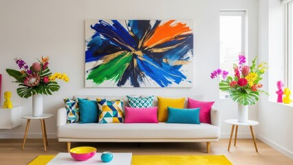 living room with a cozy white sofa, colorful throw pillows