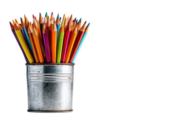 Bunch of colorful pencils in a metal can isolated on transparent background. Bunch of colored pencils in a tin cup isolated on white background.