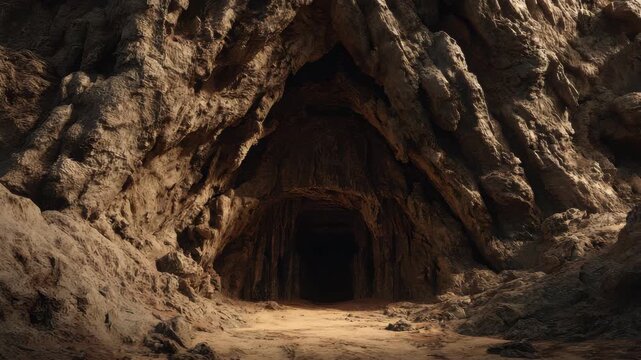 Ancient rocky cave entrance with sandstone rock walls and sandy floor, dim tunnel and stone wall shadows, warm light spilling into darkness and rugged floor creating mysterious adventurous solitude