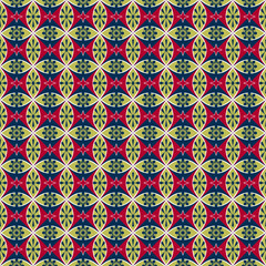 A pattern of small stars surrounded by circles and graphic-style floral motifs, using a color palette of red, green, and blue, arranged evenly across the entire surface.