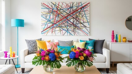 living room with a cozy white sofa, colorful throw pillows