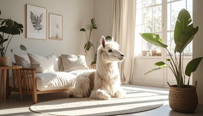 Fototapeta premium A fluffy llama rests in a bright, minimalist living room surrounded by plants