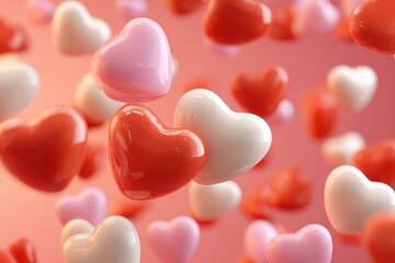 Obraz premium Colorful hearts floating in a dreamy background perfect for Valentine's Day celebrations or romantic moments with a soft pink gradient behind them