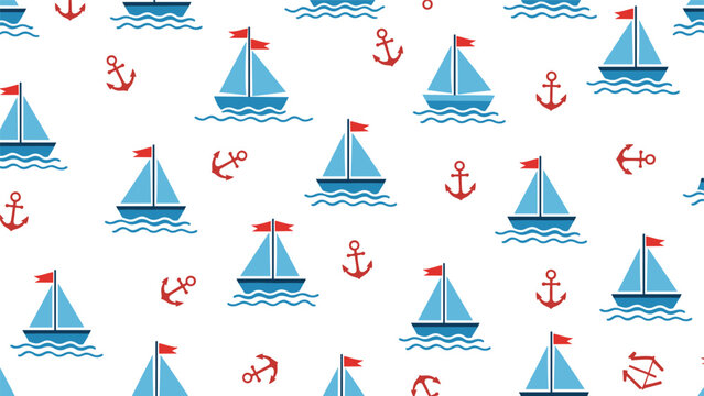 A cute seamless nautical pattern with blue sailboats and red anchors on a white background, perfect for children's decor and textiles.