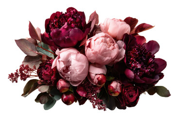 Dark burgundy and pink peony flower arrangement isolated on transparent background. Rich peony and rose floral arrangement dark tones isolated on white background.