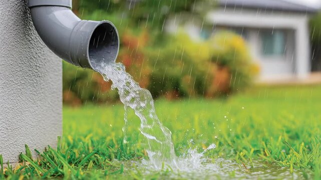 Water gushes from a downspout onto a green lawn during a rain shower, creating ripples.