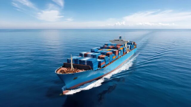 Blue cargo ship loaded with stacked container boxes crossing calm blue ocean clear sky with colorful shipping container stacks, gentle wake and distant horizon conveying steady global cargo