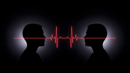 Silhouettes of Two Men with Red Heartbeat Line Connection | Concept of Human Empathy Communication and Life Vitality