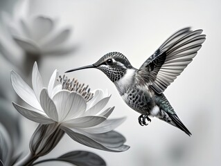 Obraz premium Hummingbird and White Flower in Black and White