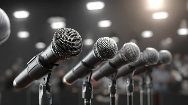Dynamic stage microphone stand and row of stage microphones ready for live performance concert with vocalist and audience bokeh warm spotlights creating anticipation energy sound audio and microphone