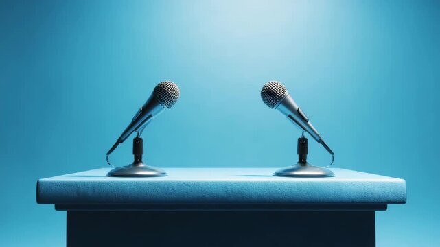 Two microphones podium cool blue lighting ready for public speech with dramatic atmosphere two tabletop microphones stands face each other blue podium soft studio lighting evoking conversation