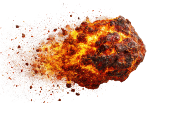 Fiery asteroid exploding with debris isolated on transparent background. Fiery asteroid fragment breaking apart in space isolated on white background.