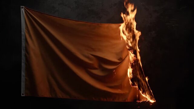 A flag made of orange fabric with flames