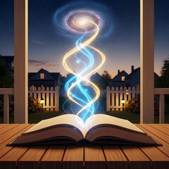 Magical Open Book with Glowing Cosmic Energy Spiraling into Night Sky | Imagination Knowledge and Fantasy Literature Concept Art
