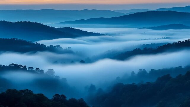 misty morning landscape with rolling hills and trees