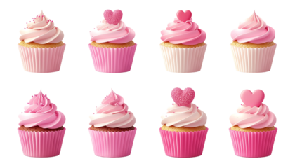Pink Cupcake Set with Cream and Hearts Isolated on White Background