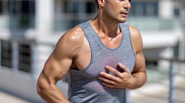 A man is holding his chest in pain while running outdoors, suggesting a heart condition or exertion.