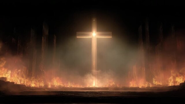 Glowing wooden cross illuminated by radiant light above smoky ground with surrounding fire and dramatic religious symbol evoking awe, reverence and faith on altar conveying hope amid destruction