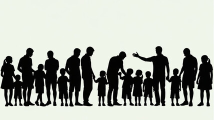 Silhouettes of adults and children standing together in a group.