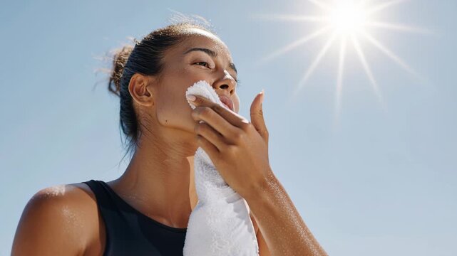A young woman wipes sweat from her forehead with a towel under the bright sun and clear blue sky.